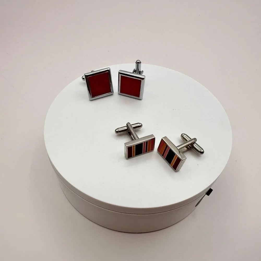 Vintage 80s Paul Smith Style Multi Stripe & Red Enamel Cufflinks Set Lot Jewelry